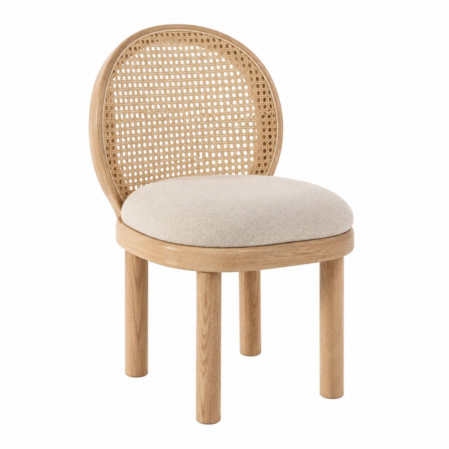 Oak Dining Chair with Rattan Back and Beige Upholstered Seat