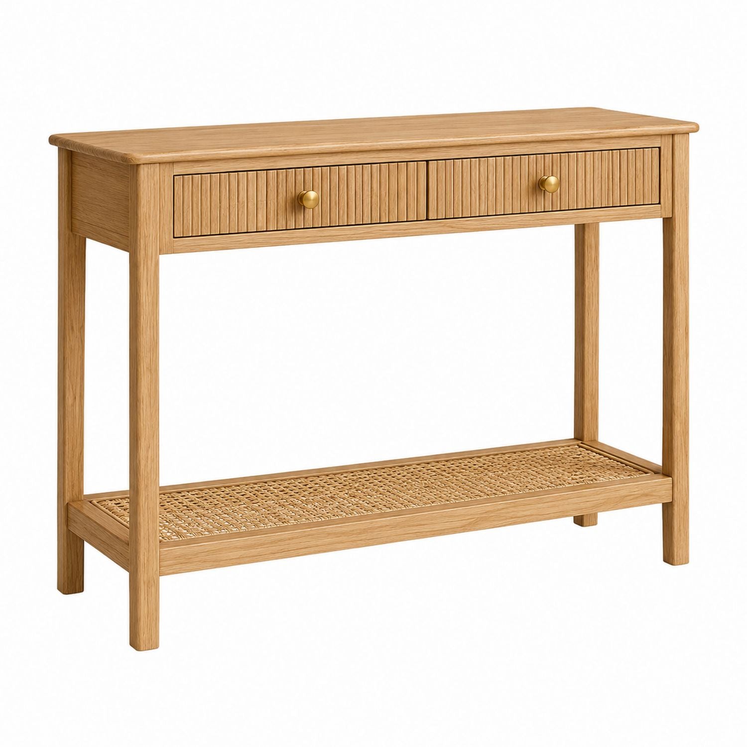 Oak Console Table with Drawer and Rattan Shelf 120cm