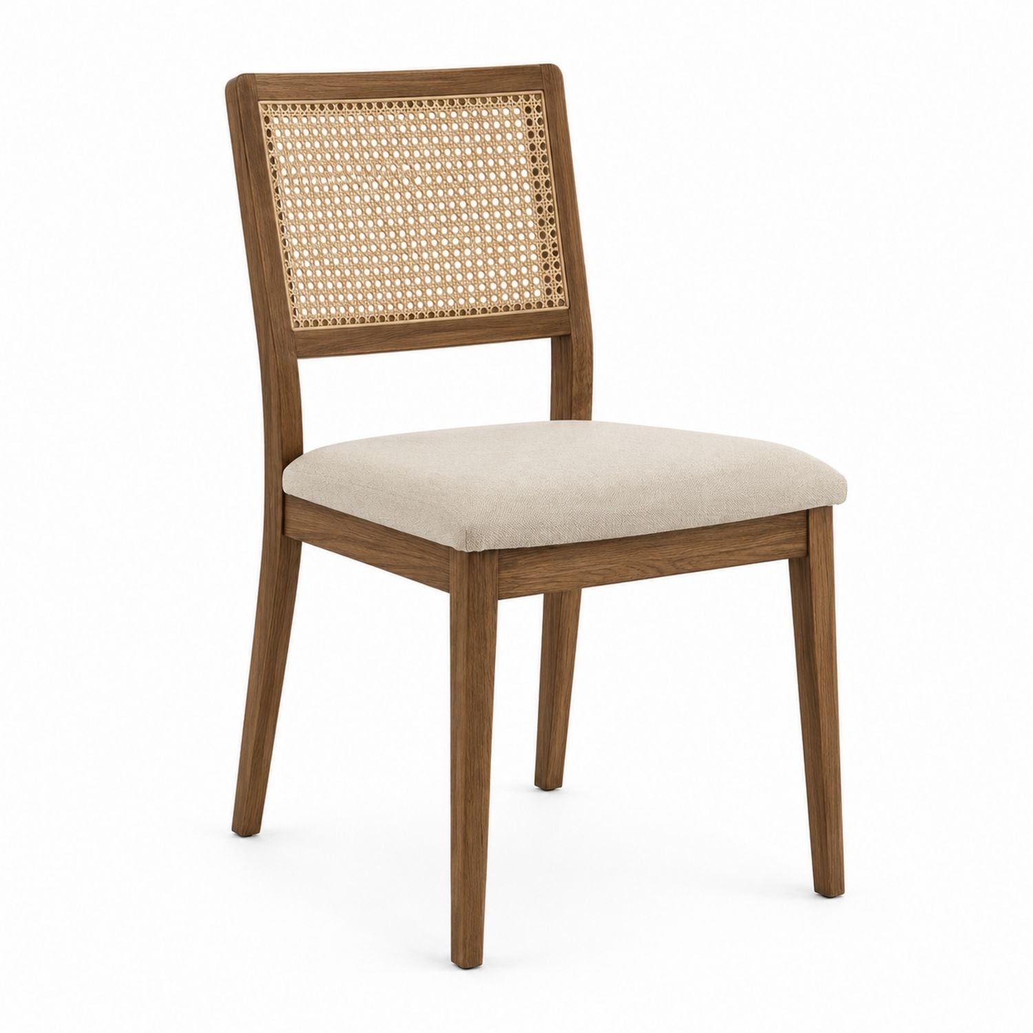 Wood Dining Chair with Cane Back and Beige Polyester Cushion