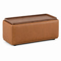 Rectangular Faux Leather Ottoman with Solid Wood Tray Top Brown 90cm