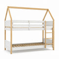 Wooden Bunk Bed with Ladder and House Frame, White/Natural