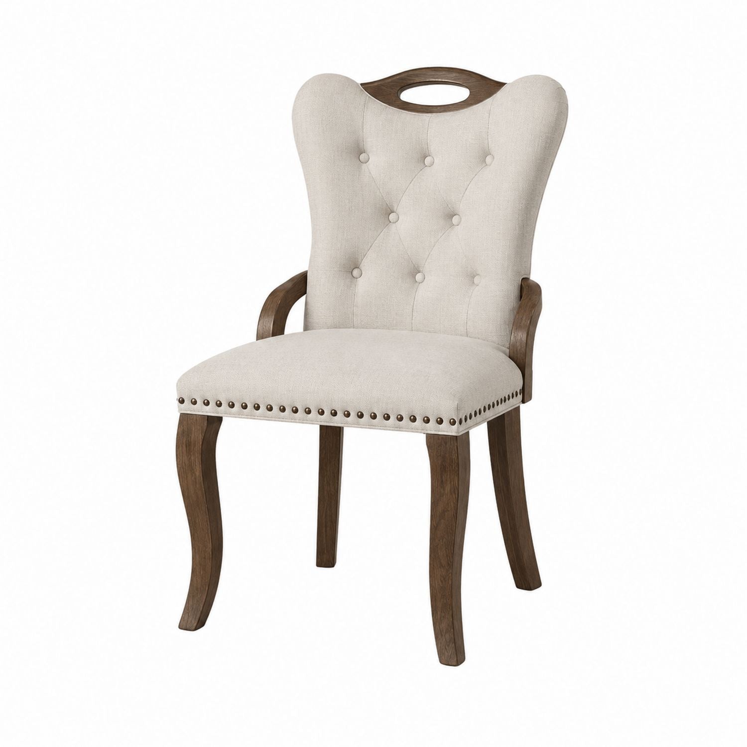 Wood and Linen Dining Chair with Tufted Backrest Beige
