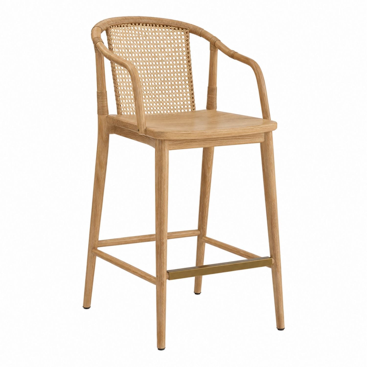 Wooden Cane Back Bar Stool with Armrest Natural Finish