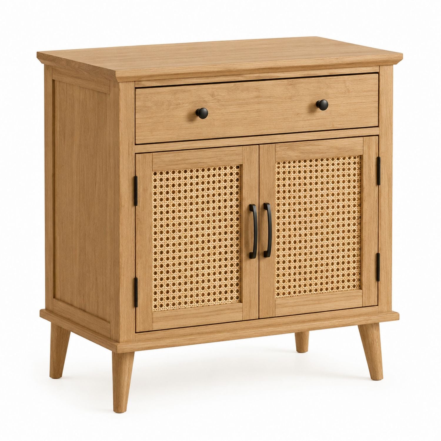 Wood Storage Cabinet with Cane Doors and Drawer, Natural Finish