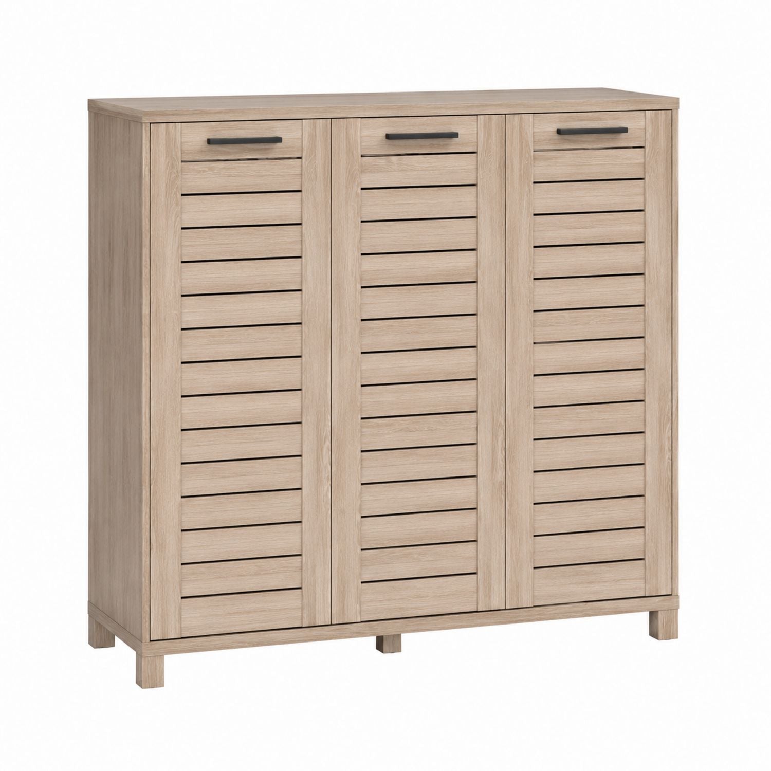Oak Finish Wooden Shoe Cabinet with Slatted Doors