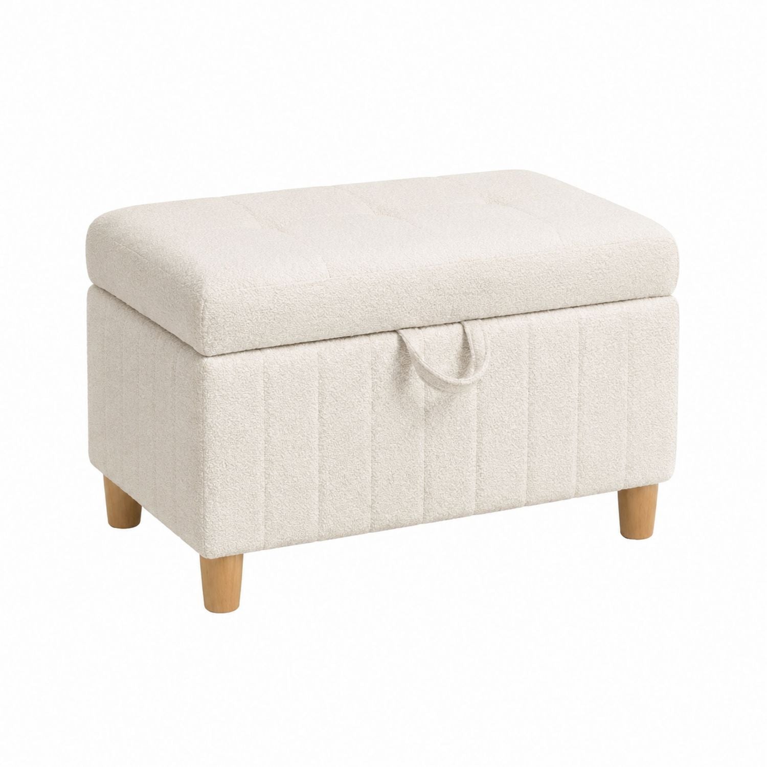 Beige Boucle Fabric Storage Ottoman with Wood Legs 80cm x 40cm x 45cm