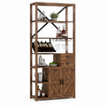 Rustic Wood Tall Bar Cabinet with Wine Rack and Glass Holder, Brown