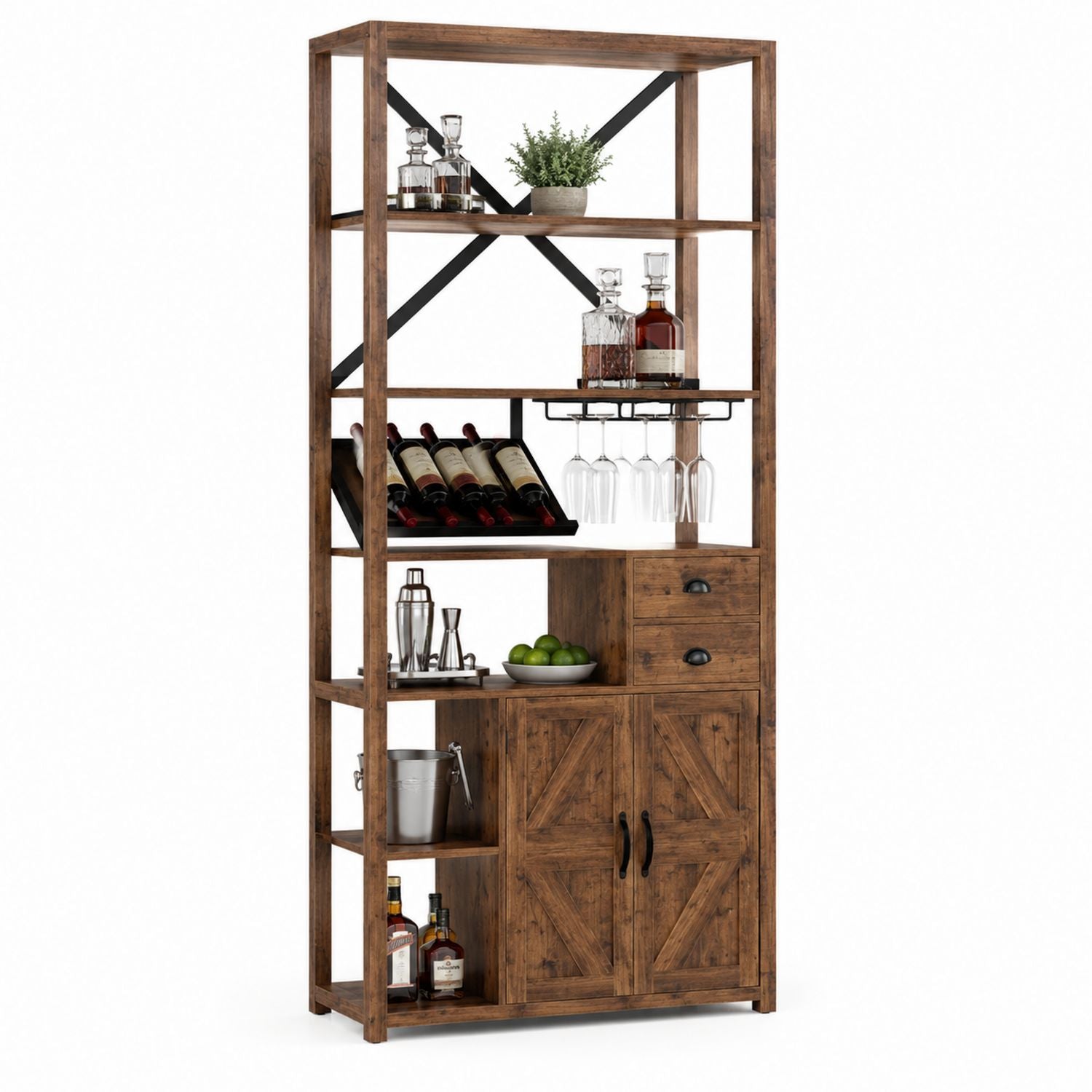 Rustic Wood Tall Bar Cabinet with Wine Rack and Glass Holder, Brown
