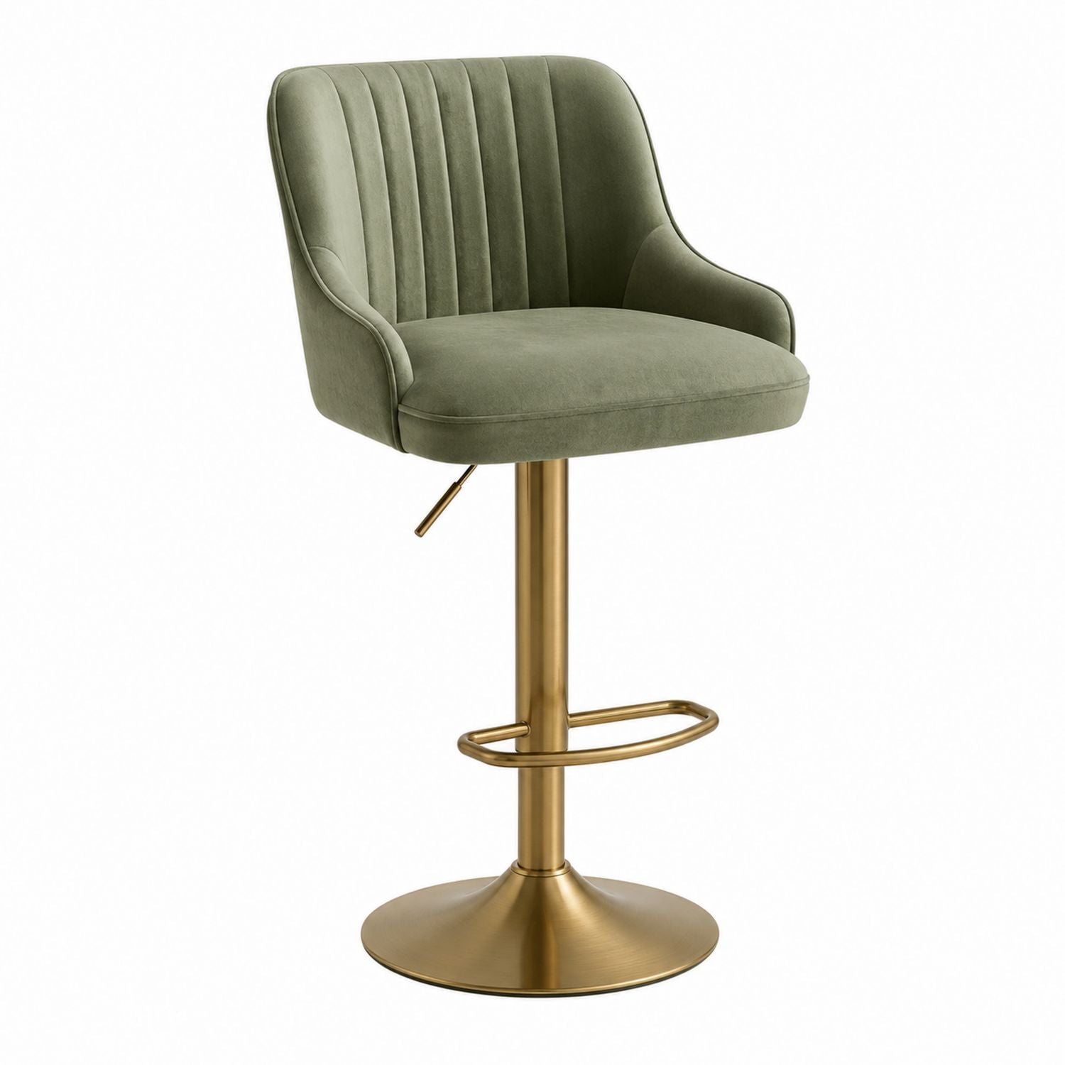 Velvet Upholstered Bar Stool with Brass Base in Green