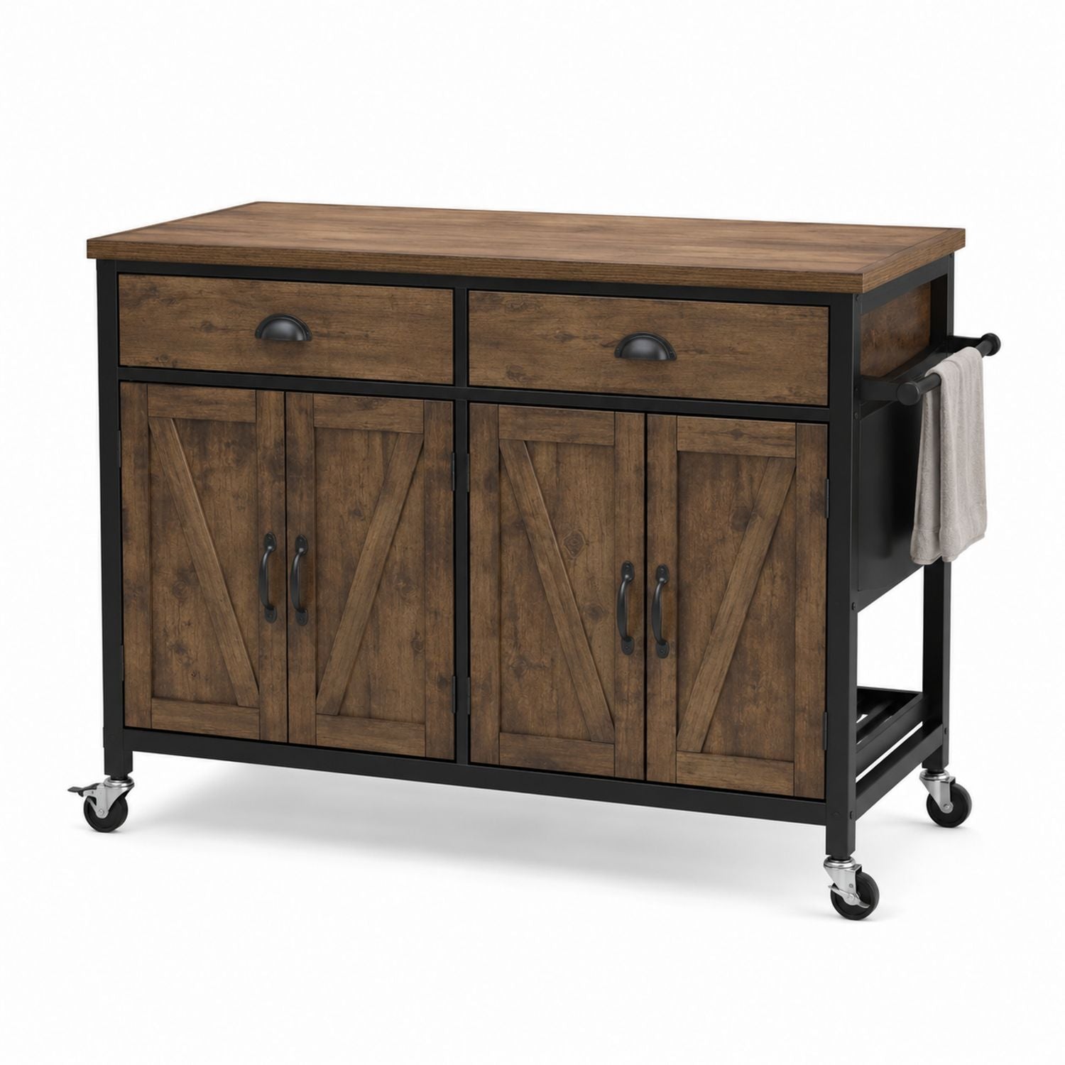 Wood and Metal Kitchen Island Cart with Drawers and Cabinets 120cm